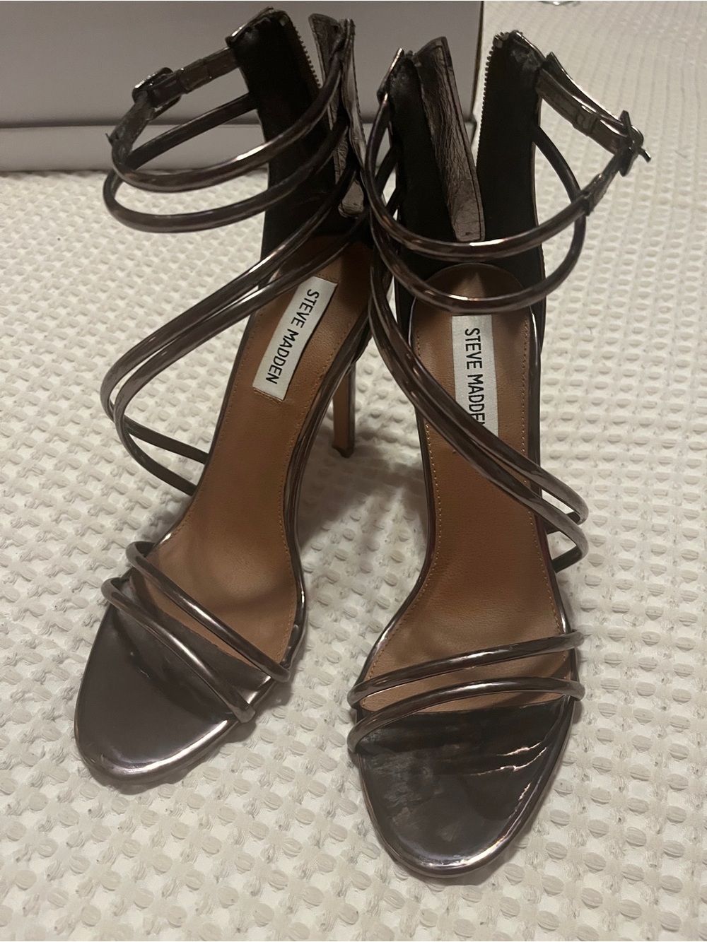 Steve Madden Metallic Pewter Strappy High Heel Sandals, 8